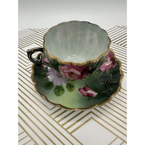 Emerald Green And Pink Roses Saucer And Teacup Set Heritage Rose - Picture 1 of 6